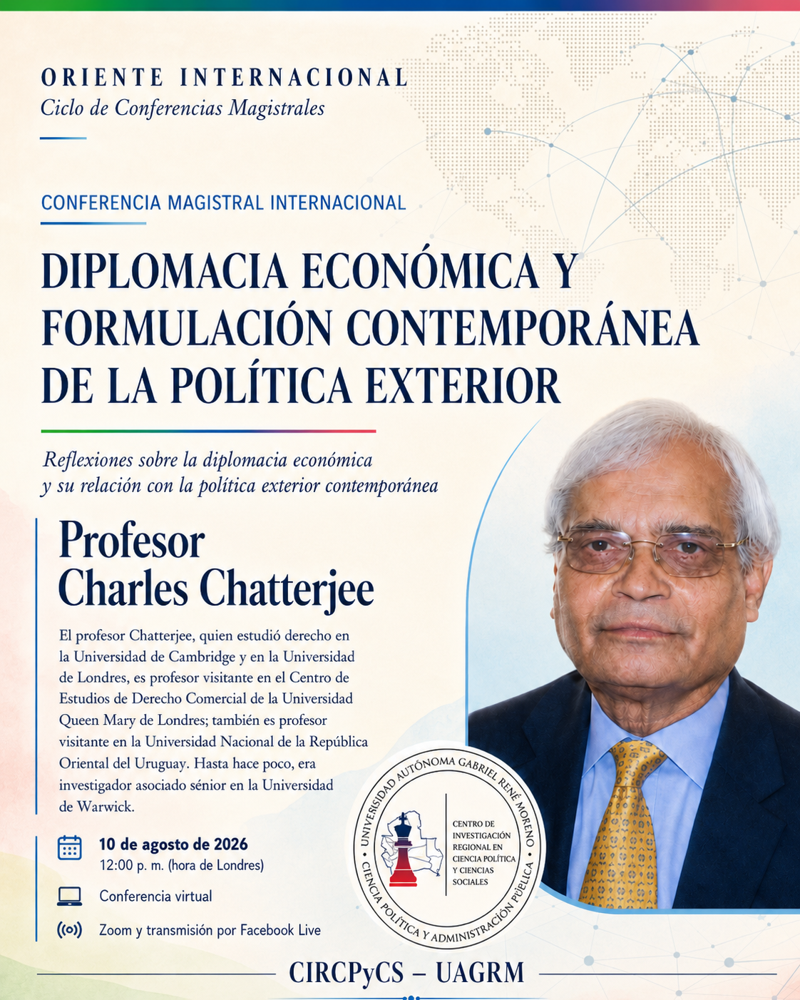 Afiche de la conferencia magistral internacional con el profesor Charles Chatterjee